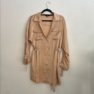 Chic Satin Tan Button-Up Shirt Dress